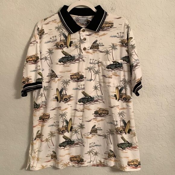 Michael Austin Gold Havaiian Truck Surfing Palm Polo Shirt Men’s Size L - Picture 2 of 9